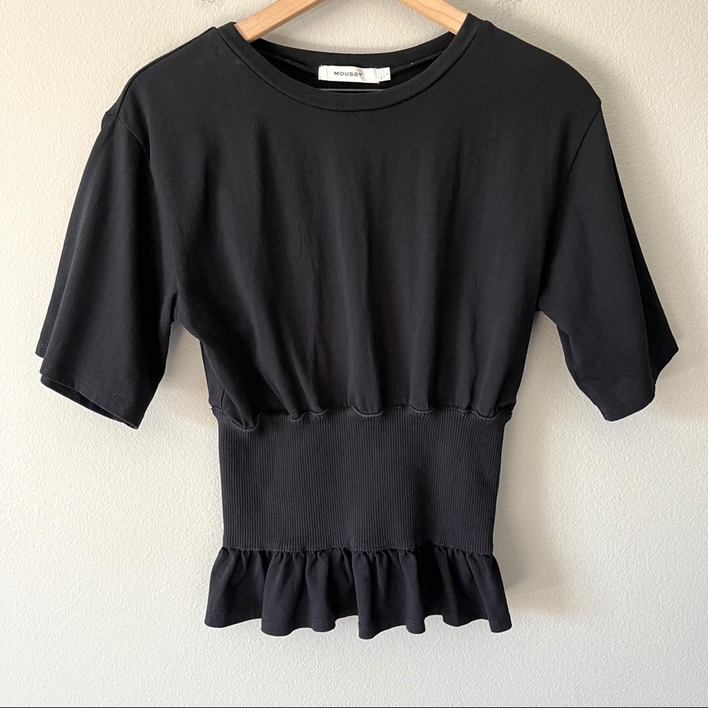 Moussy Black Tee Shirt w/ Ribbed Middle Panel and Split Back Free Size